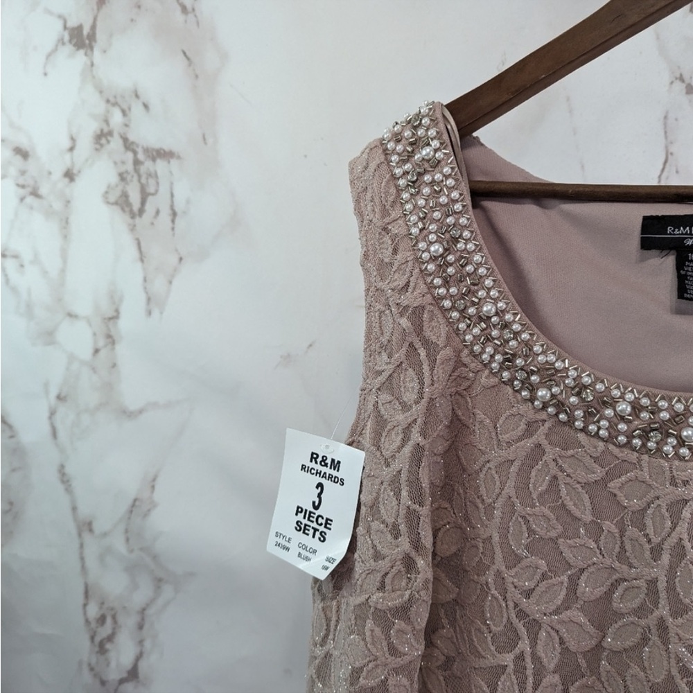 NWT R&M Richard’s Pant Set Women’s 16W Pink Lace Pearl Wide Leg Tank Formal Suit - Picture 2 of 14